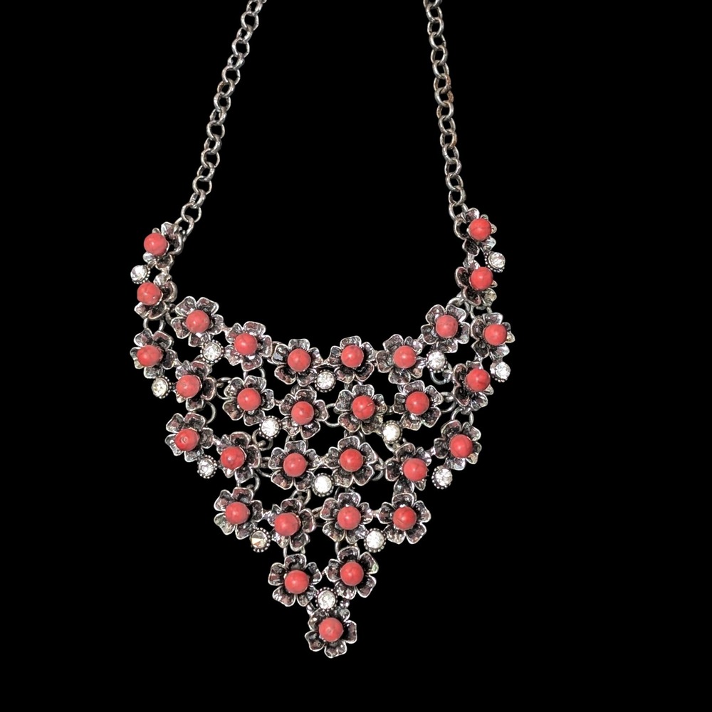 Vintage Bib Statement Necklace Red Lucite Silver Tone Floral Rhinestone Y2K